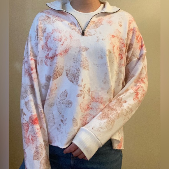 Oversized Light-Weight Floral Quarter-Zip Sweatshirt by Aerie - Picture 2 of 7